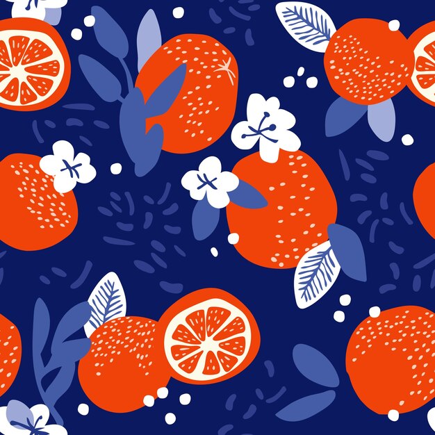 Seamless pattern with hand drawn grapefruit flowers and leaves Citrus background