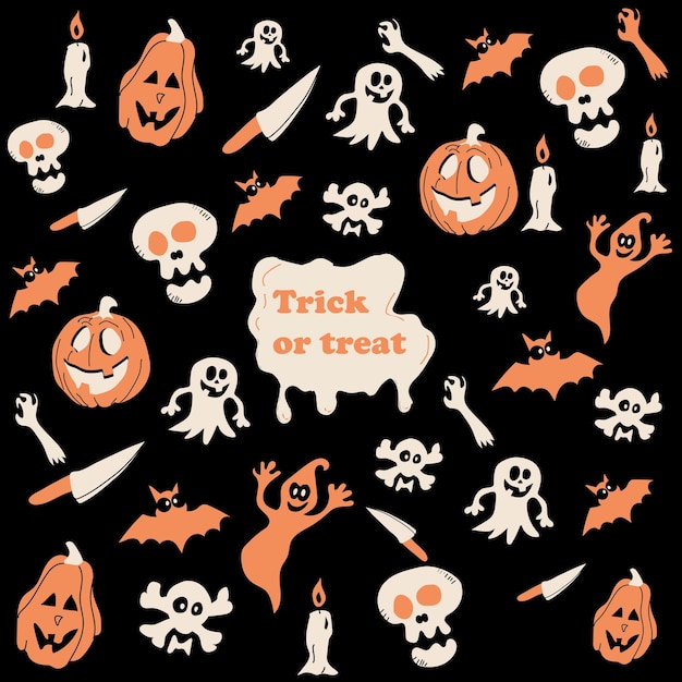 Seamless pattern with hand drawn halloween doodles. Childish tiling background with cartoon spooky