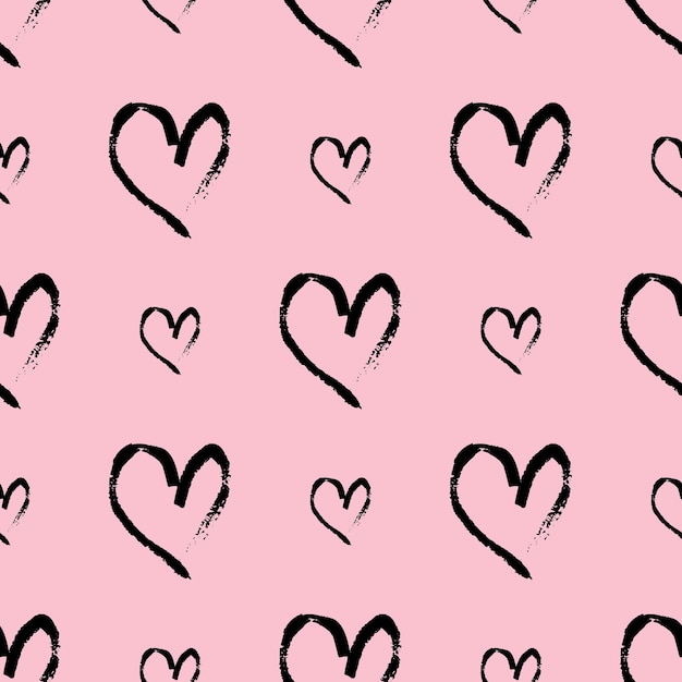 Seamless pattern with hand drawn hearts. doodle grunge black hearts on pink background. vector illustration.