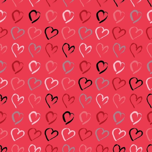 Бесшовный рисунок с нарисованными вручную сердцами. каракули гранж многоцветные сердца на красном фоне. векторная иллюстрация.
