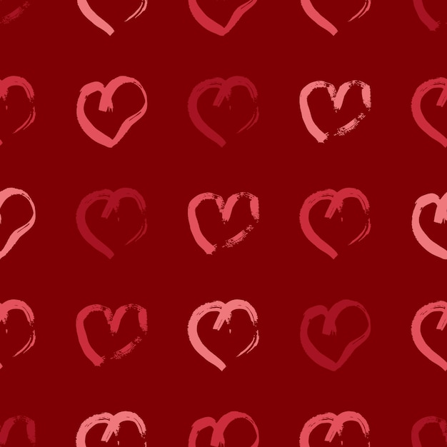 Бесшовный фон с рисованной сердца. Каракули гранж красные сердца на красном фоне. Векторная иллюстрация.