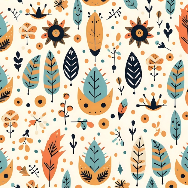 Seamless pattern with hand drawn leaves and dots Vector illustration