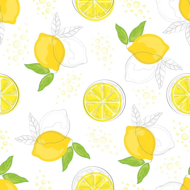 Modello senza cuciture con limoni disegnati a mano. fette e limoni interi su uno sfondo trasparente. sfondo per tessuti, utensili da cucina e carta da imballaggio, sfondo per sito