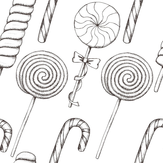 벡터 손으로 그린 막대 사탕과 원활한 패턴 달콤한 크리스마스 배경 음식 디자인 기쁜 성 탄과 새 해 복 많이 받으세요 빈티지 패턴 벽지 웹 페이지 배경 표면 질감에 사용할 수 있습니다