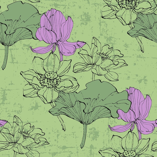 Seamless pattern with hand drawn lotus