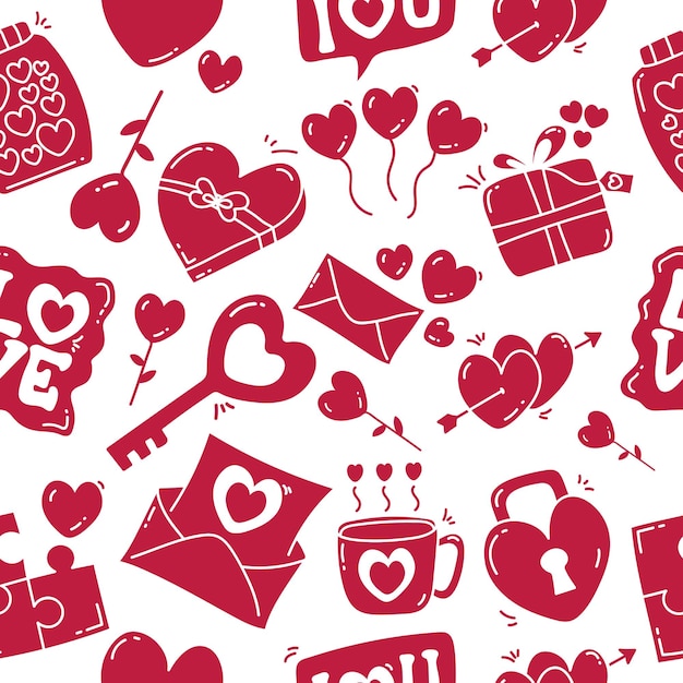 Vector seamless pattern with hand drawn love heart flat doodles valentine seamless pattern design