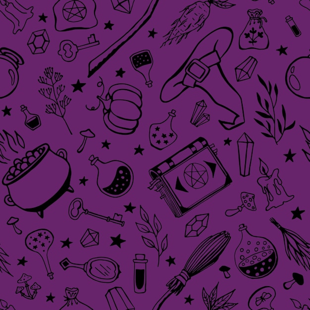 Seamless pattern with hand drawn magic tools concept of witchcraft background for witches wizards