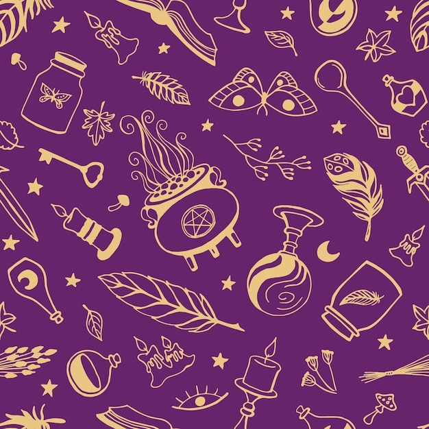 Seamless pattern with hand drawn magic tools concept of witchcraft Witchcraft magic background for witches and wizards