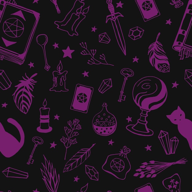 Seamless pattern with hand drawn magic tools concept of witchcraft Witchcraft magic background for witches and wizards