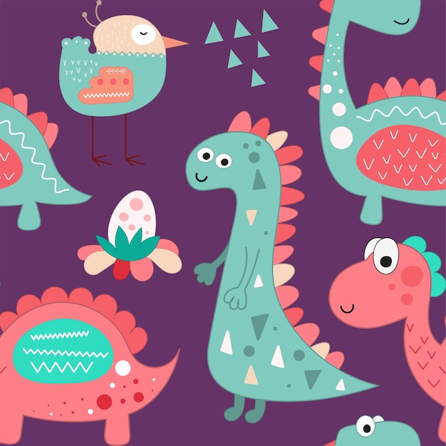 벡터 스칸디나비아 스타일의 손으로 그린 민트와 분홍색 공룡 알과 새와 함께 매끄러운 패턴