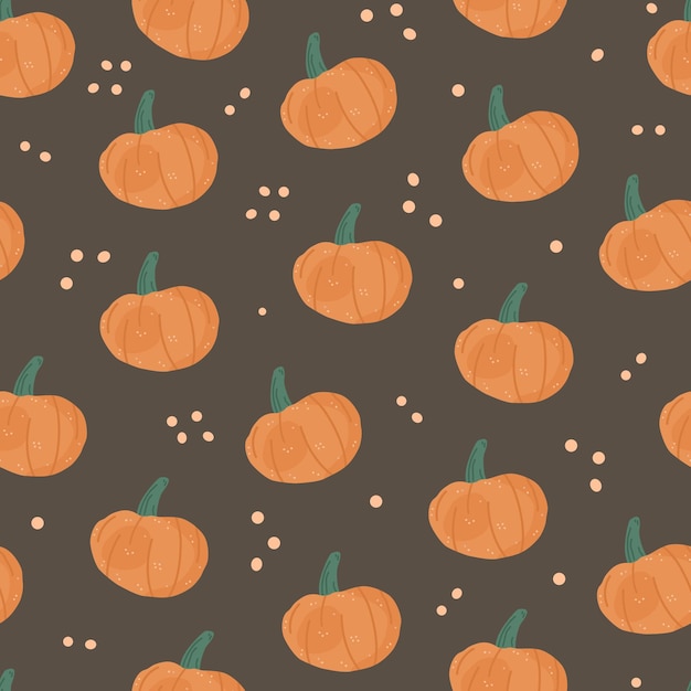 Seamless pattern with hand drawn orange pumpkins and dots flat style