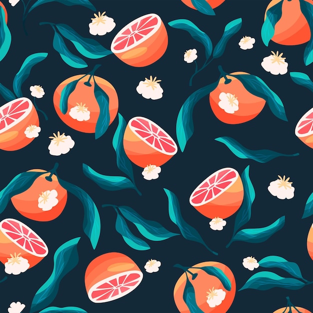 Vector seamless pattern with hand drawn oranges and floral elements fruit and floral design in bright colors colorful vector illustration