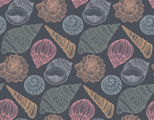 Seamless pattern with hand drawn ornate seashells