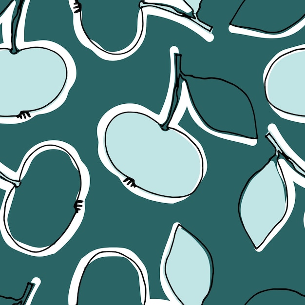 Seamless pattern with hand drawn outlined apples pine needle and mint green colors