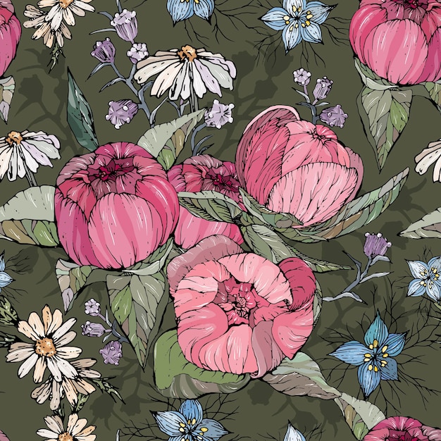 Motivo senza cuciture con illustrazioni vettoriali di fiori di peonia e camomilla disegnati a mano