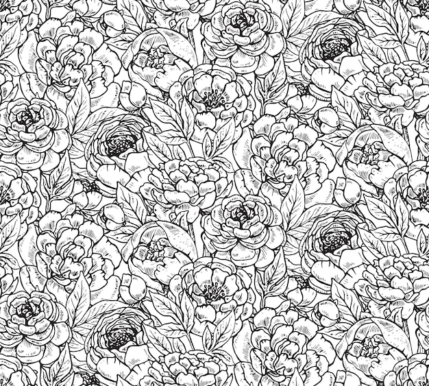 手でシームレスなパターンには、牡丹の花が描かれています。黒と白の無限の背景。
