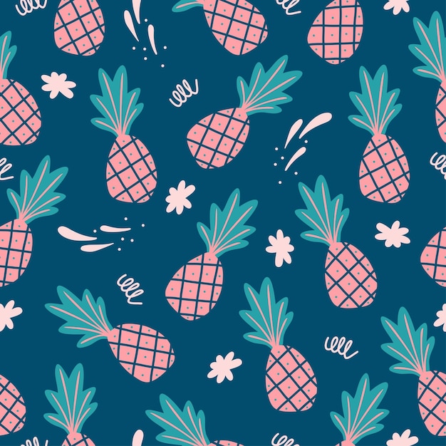 Vector seamless pattern with hand drawn pineapples in a blue background