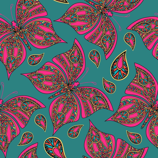 Вектор Бесшовный рисунок с нарисованной вручную розовой бабочкой в стиле zentangle
