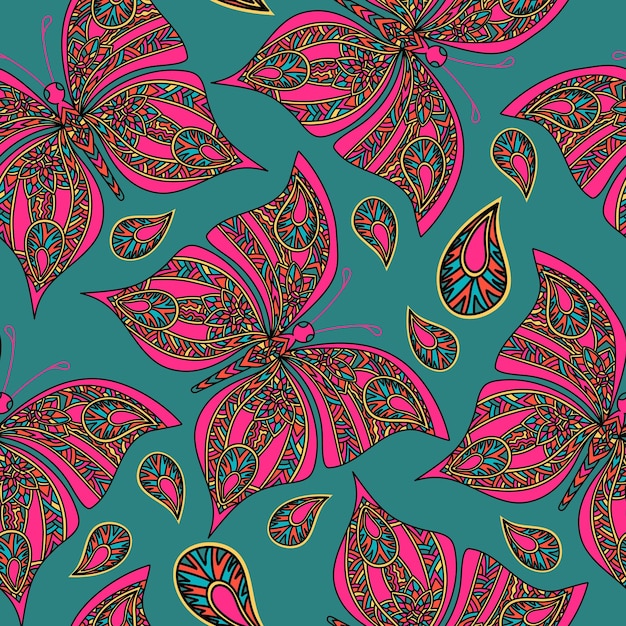 Vector seamless pattern with hand drawn pink butterfly in zentangle style