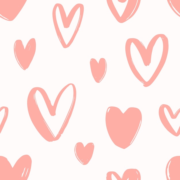 Seamless pattern with hand drawn pink hearts on white background