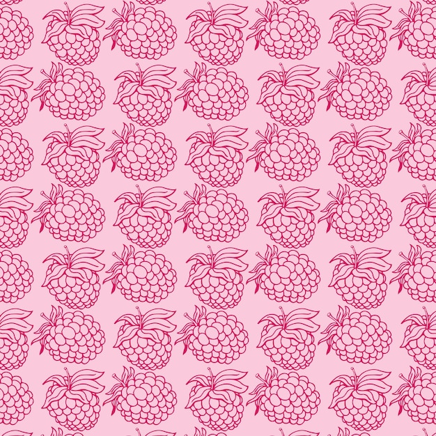 분홍색 배경에 분리된 손으로 그린 라즈베리와 함께 매끄러운 패턴