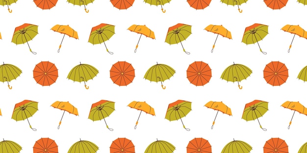 플랫 스타일로 흰색 배경에 손으로 그린 빨간색 노란색 녹색 열린 우산과 원활한 패턴