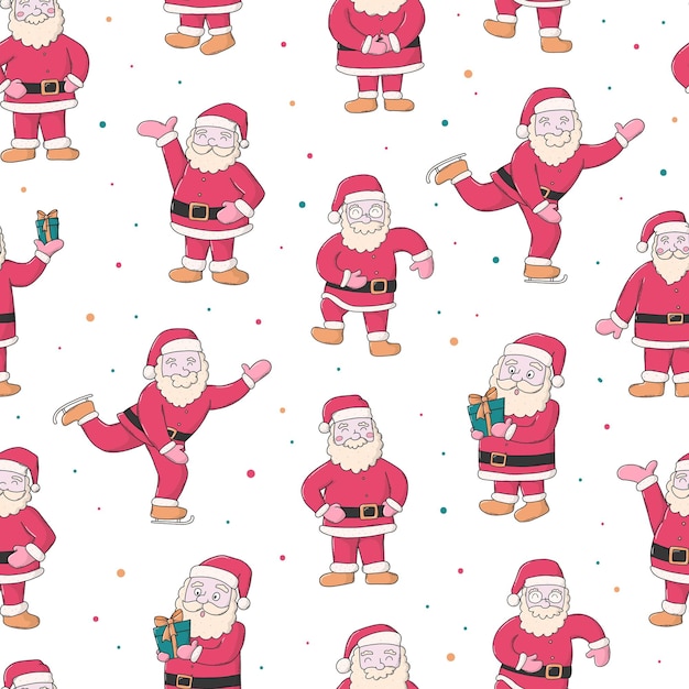 Seamless pattern with hand drawn santa clauses posing in different ways for wallpaper gift wrap