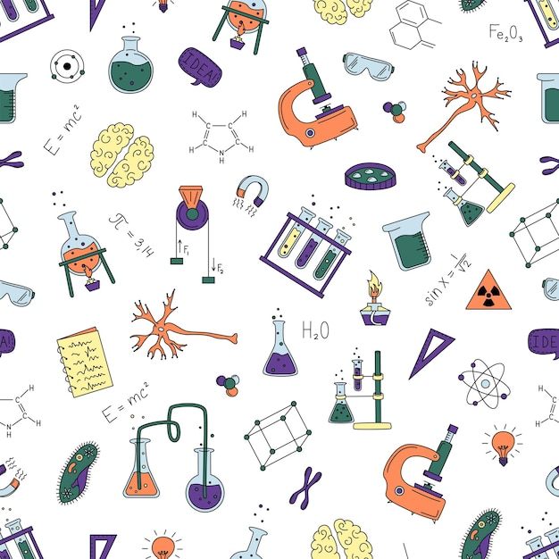 Seamless pattern with hand drawn scientific elements Flasks formulas microscope and more