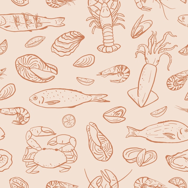 手描きの海産物のシームレスパターン 異なる種類の魚 貝類と貝類