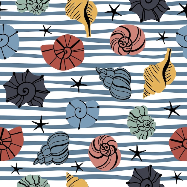 Seamless pattern with hand drawn seashells on strip backgraund Creative marine texture Great for fabric textile vector Illustration