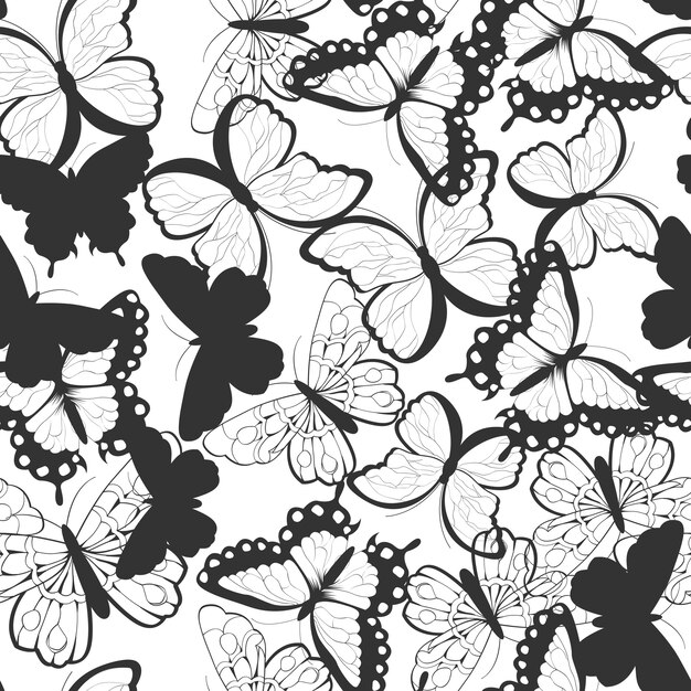 Seamless pattern with hand drawn silhouette butterflies, black and white