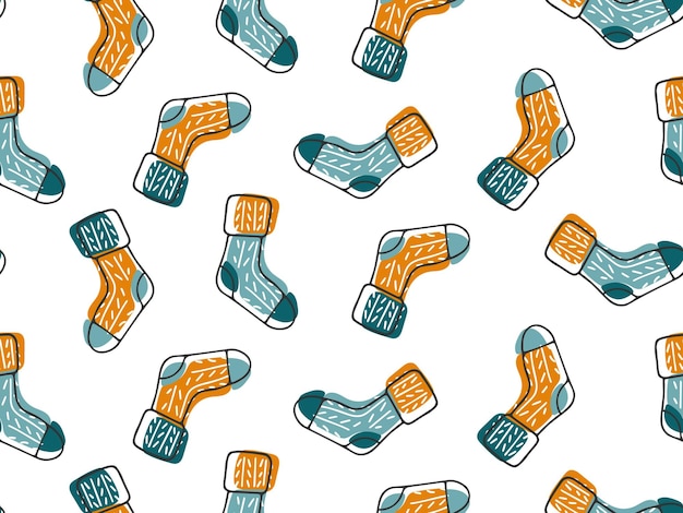 Vector seamless pattern with hand drawn socks doodle winter woolen warm element of clothing different colors funny accessory with knitted texture