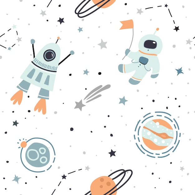 Seamless pattern with hand drawn space elements cosmonaut astronaut space rocket stars falling star planets Trendy kids vector background on white