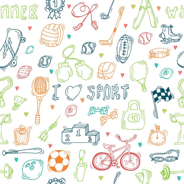 Vector seamless pattern with hand drawn sport equipment i love sport