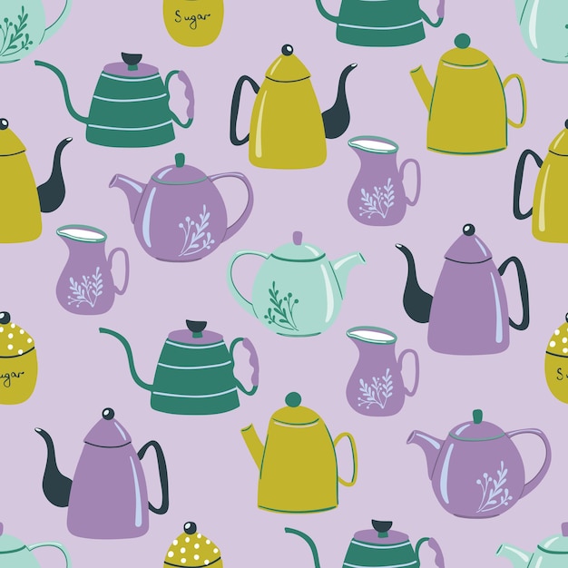 Бесшовный узор с нарисованными вручную чайниками и чайниками для ткани, упаковки, меню и декора кафе.