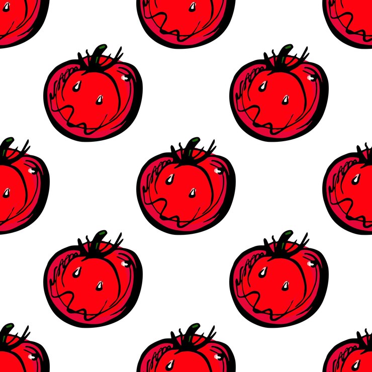 Vector seamless pattern with hand drawn tomatoes on white background