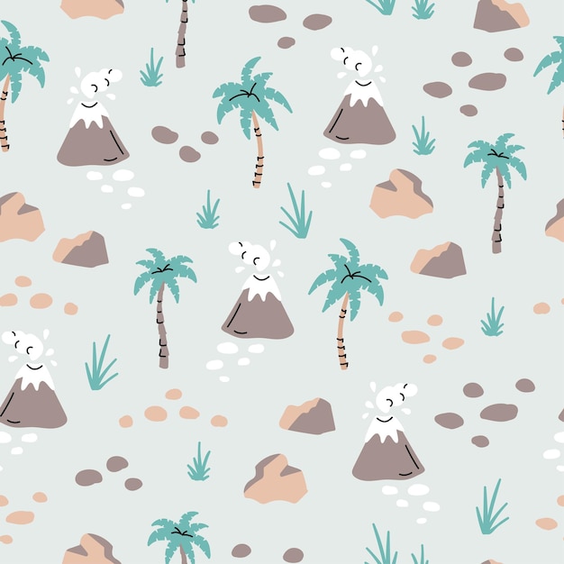 Seamless pattern with hand drawn volcanoes palms stones leaves in scandinavian style