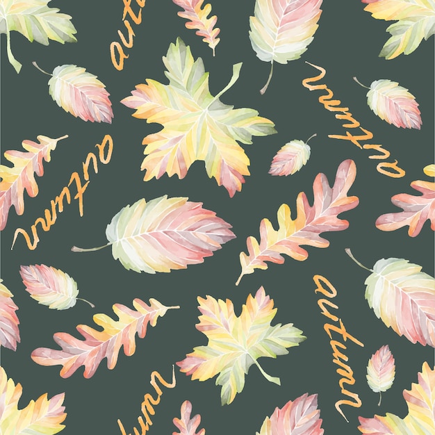 Seamless pattern with hand drawn watercolor autumn leaves and lettering on dark green background