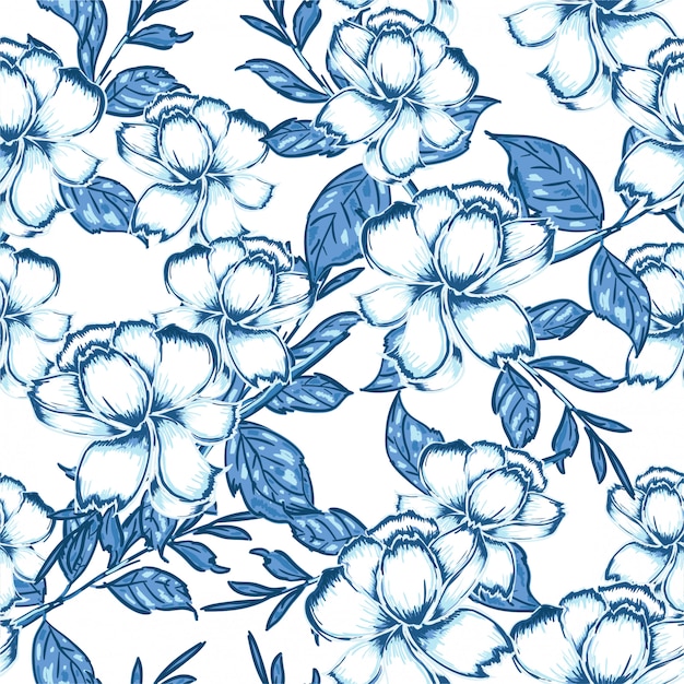 Seamless pattern with hand drawn watercolor monotone blue flowers and leaves.