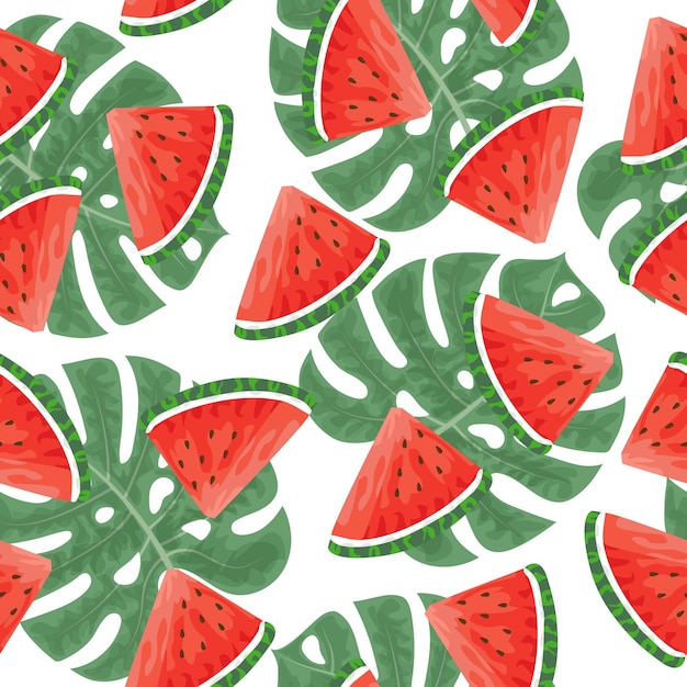 Seamless pattern with hand drawn watermelon slace and tropical monstera leaves on white background