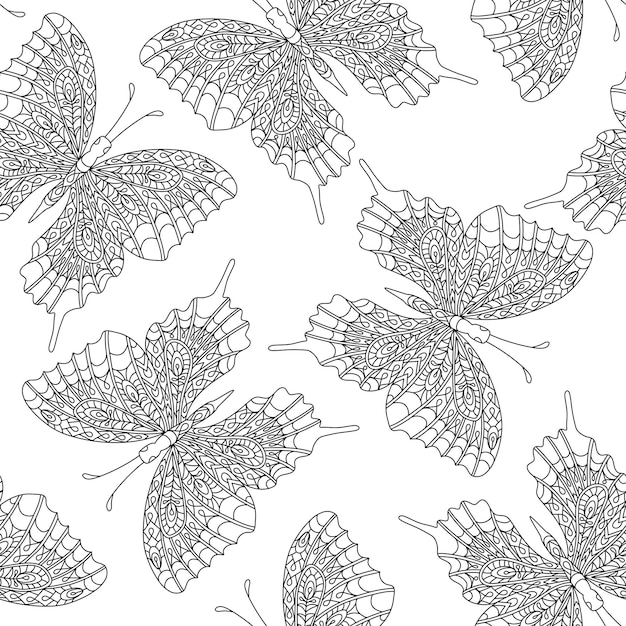 Seamless pattern with hand drawn white and black butterfly in zentangle style