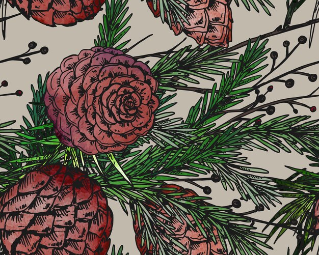 Seamless pattern with hand drawn winter plants.