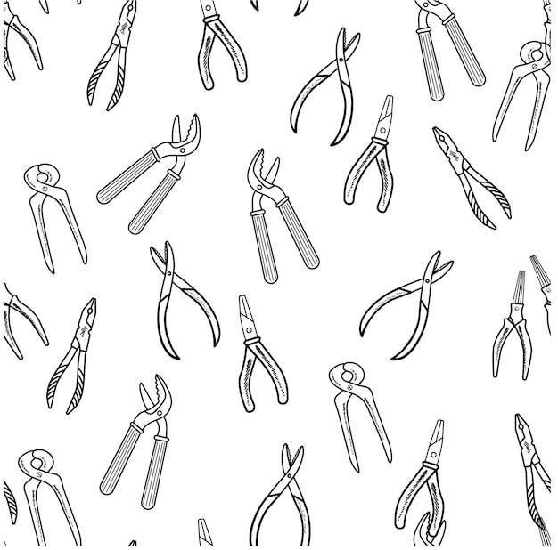 Seamless pattern with hand drawn working tools collection of hand tools handmade cartoon from various sketch elements pliers wire cutters clamp on a white background vector illustration