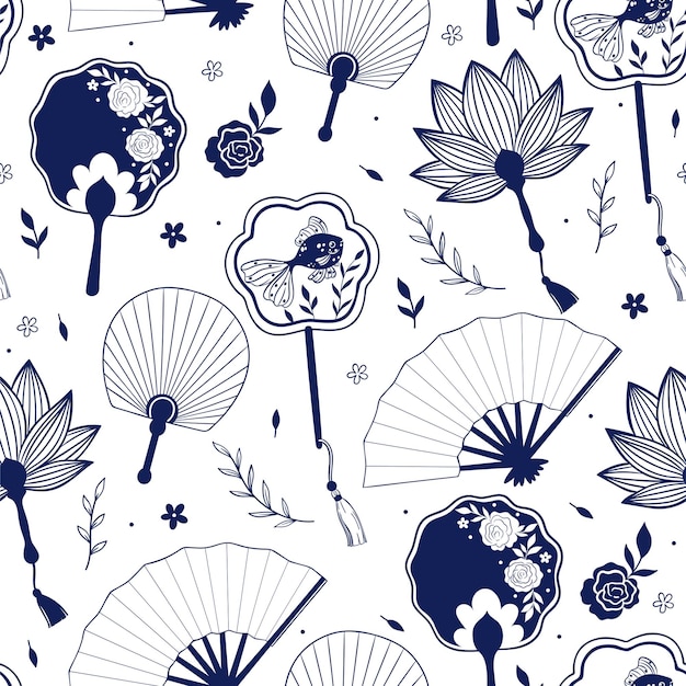 Seamless pattern with hand paper Asian fans on a white background