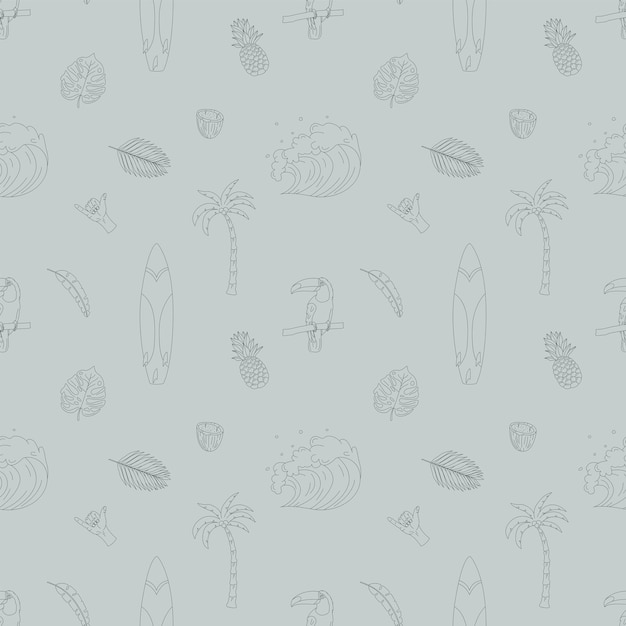 Seamless pattern with handdrawn elements with a surf theme wave surf palm trees and more