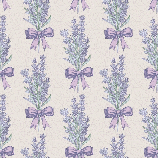 Seamless pattern with handdrawn sketch of cute Lavender flower bouquets France Provence retro style for romantic design concept rustic digital paper Natural lavander Vintage vector