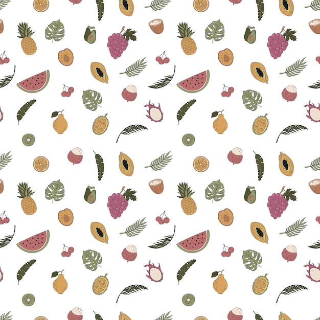 Seamless pattern with handdrawn tropical fruits Grapes watermelon dragon fruit and others