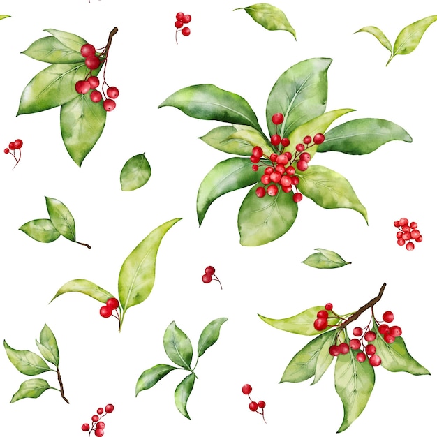 Seamless pattern with handpainted watercolor christmas red berries botanical pattern vector