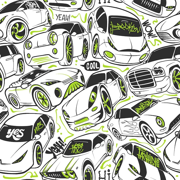 Vector seamless pattern with handwritten cars vector illustration