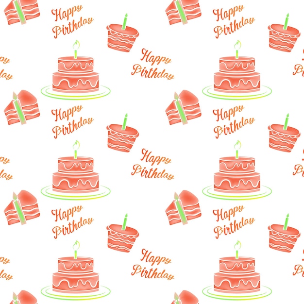 A seamless pattern with happy birthday cakes and a cake with the words happy birthday on it.